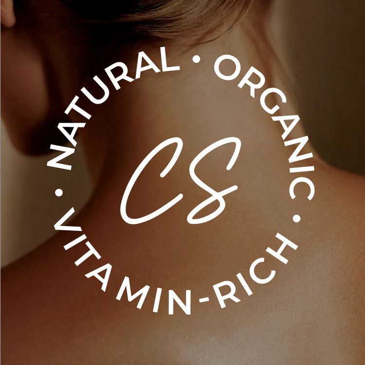 Close-up of a person's neck with 'CS' logo and text about natural, organic, and vitamin-rich products.