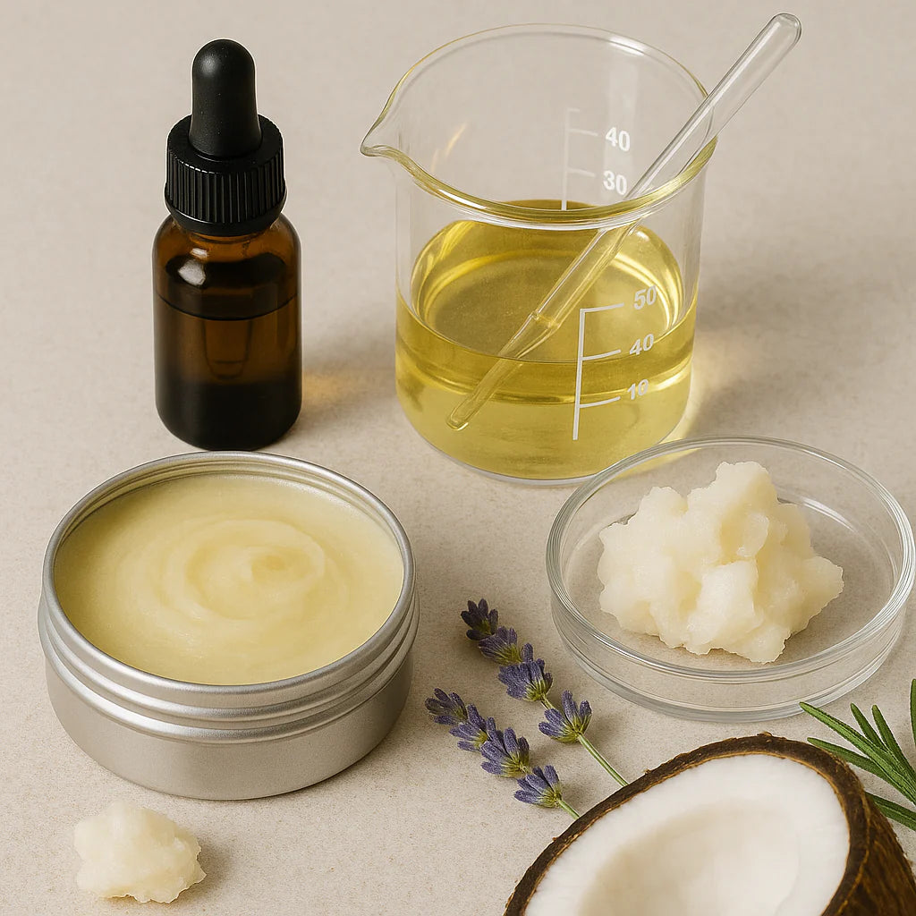 Cosmetic ingredients including a bottle, beaker, and coconut, tallow on a neutral background