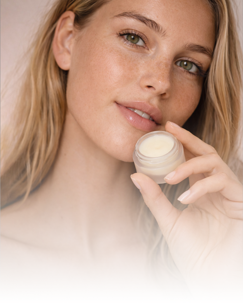 Woman holding a small jar of CowSki lip balm