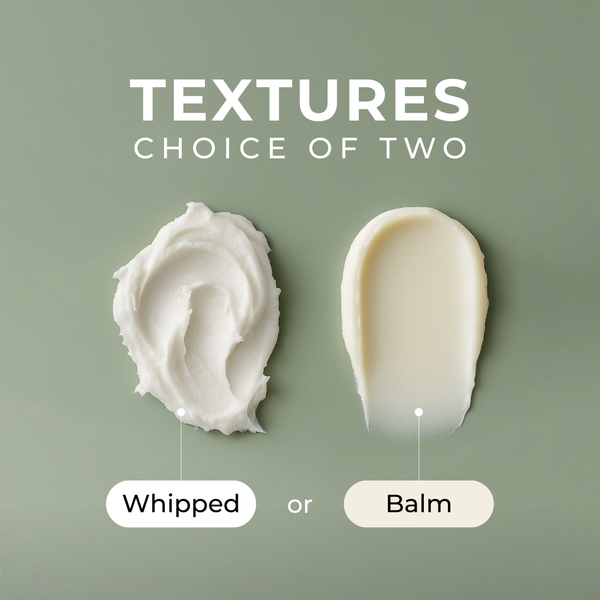 Two textures of cream labeled 'Whipped' and 'Balm' on a green background.
