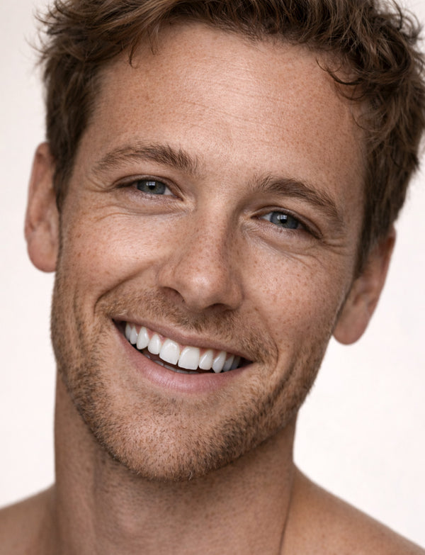 Unisex product, a man with a beard and short hair smiling against a plain background 