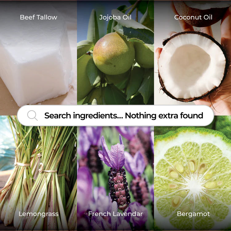 Collage of natural ingredients including beef tallow, jojoba oil, coconut oil, lemongrass, French lavender, and bergamot.