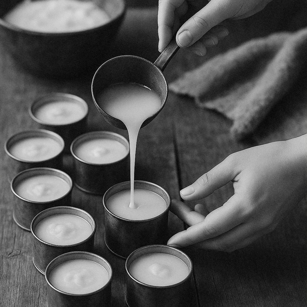 Person pouring tallow into small metal containers on a wooden surface.